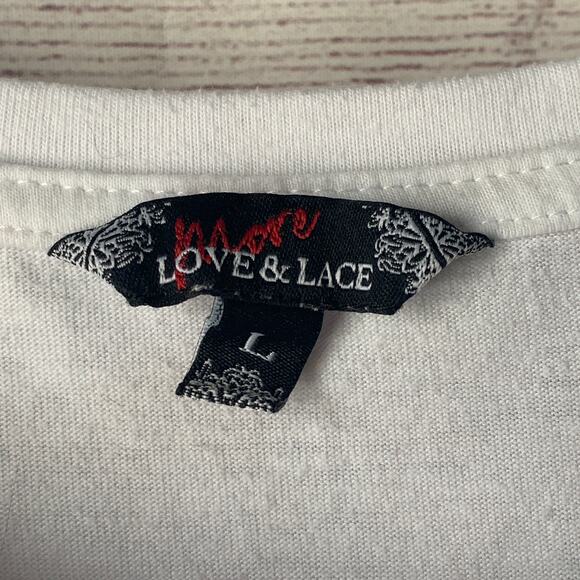 More Love & Lace White Blouse with Paris Graphic Flowers Puff Sleeves Size Large - Picture 10 of 15